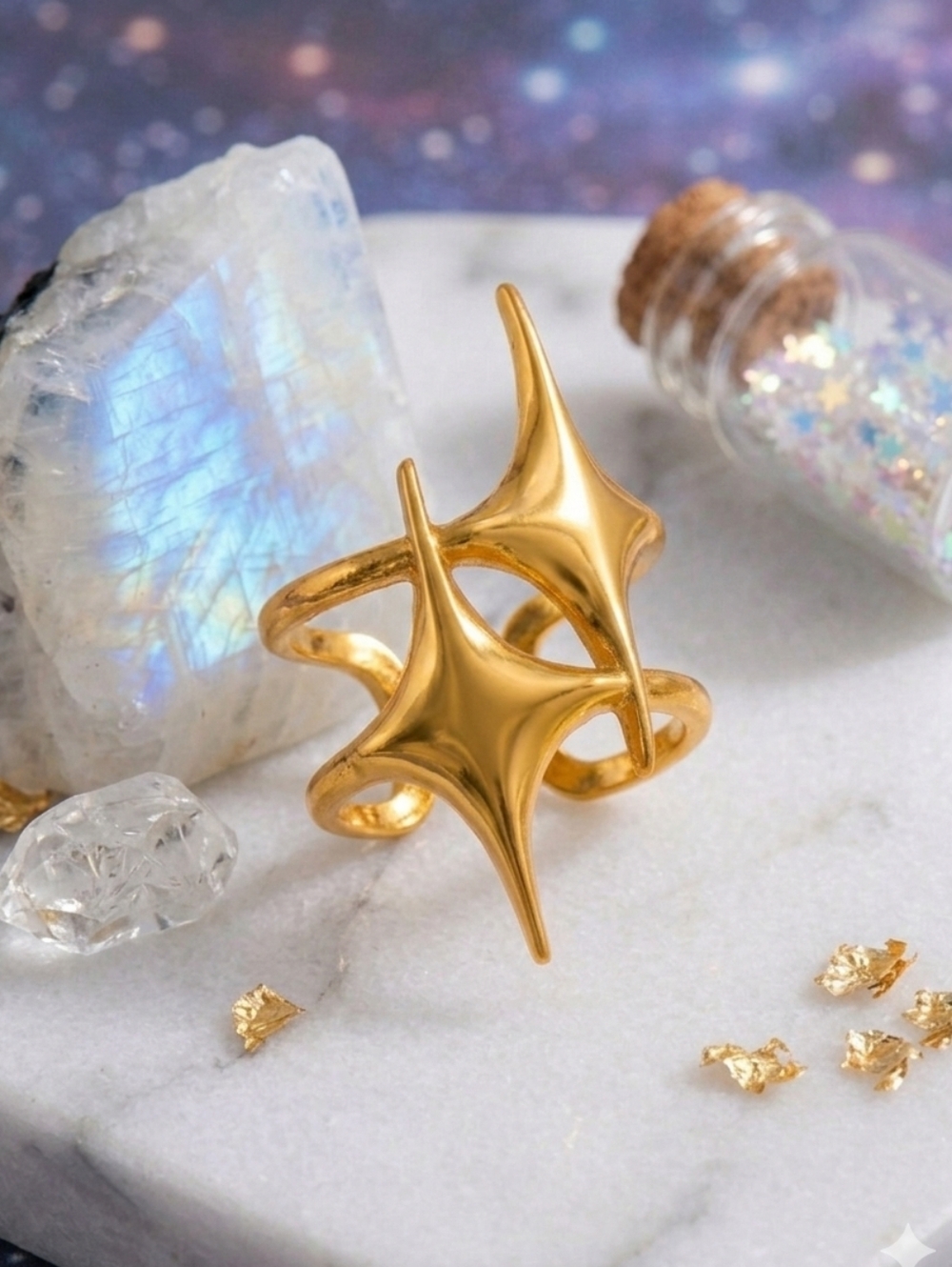 18K Gold Plated Celestial Starburst Sculptural Open Ring Fairycore Adj 7-9